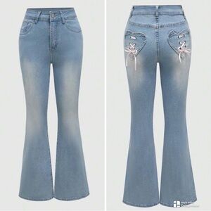 ROMWE Blue Distressed Flare Jeans  Heart Detail and Pink Bows Sz 1XL or size 14